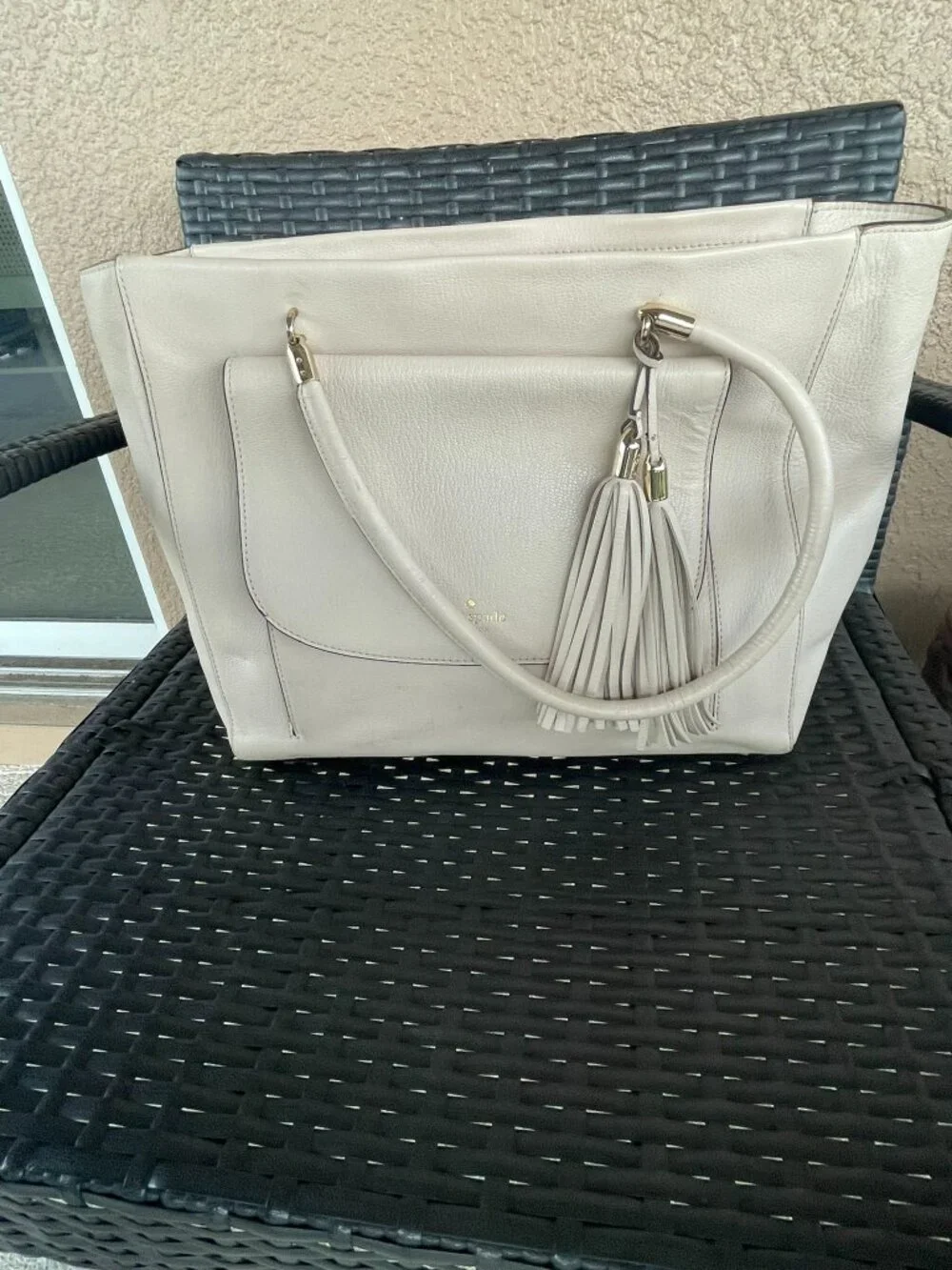 Kate Spade New York Large Leather Tote Purse Cream Ivory Shoulder Bag Work Lapto
